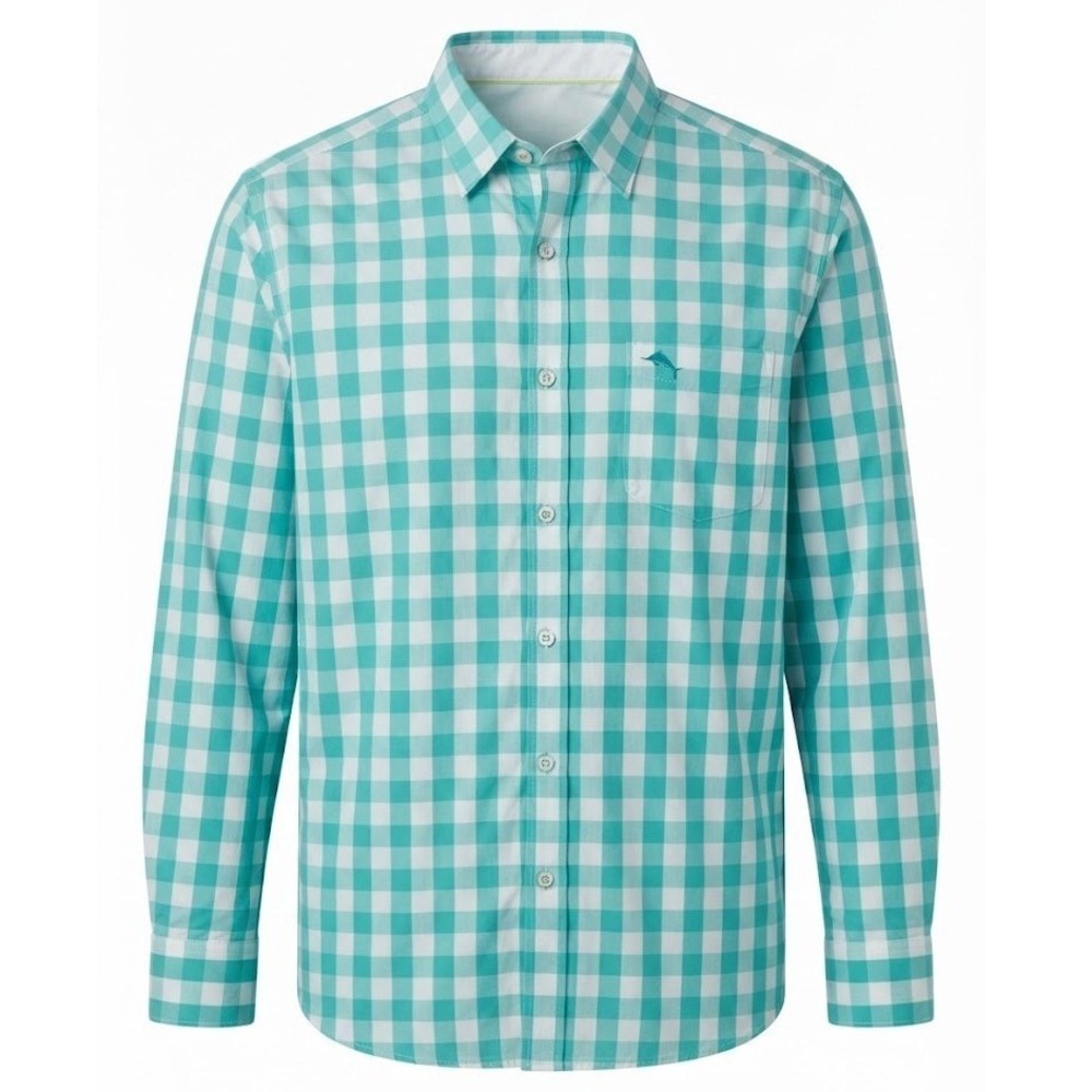 Tommy Bahama Mens Large Teal Gingham Pima Cotton Long Sleeve Button Shirt - CJ